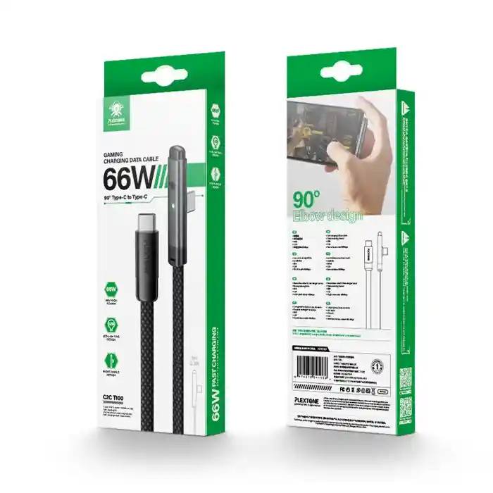 Plextone T100 Type C to Type Type C PD 20W 66W Elbow 90 Degree Gaming Charging Data Cable